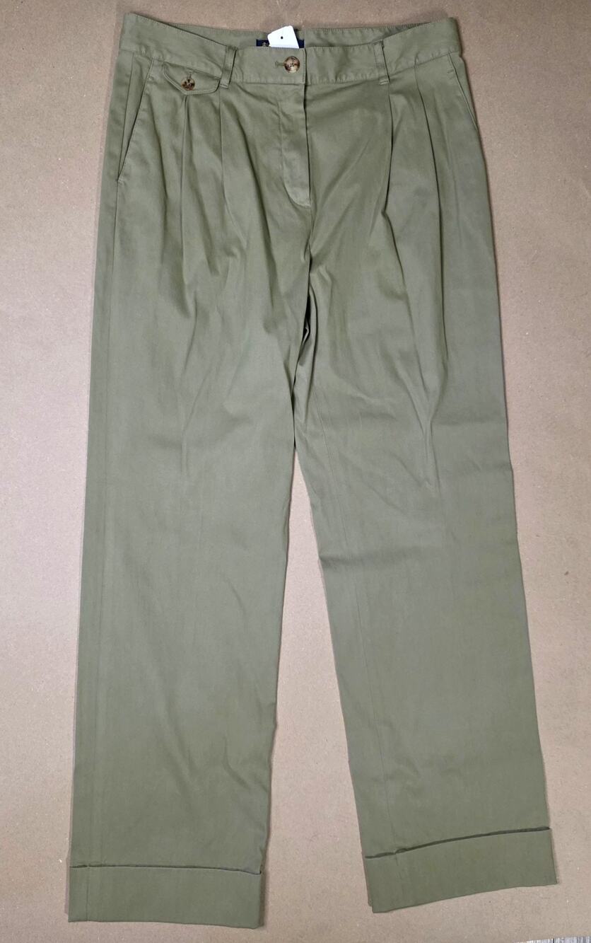 Brooks Brothers Green Pleated Chino Pants 10 Twill Cotton Cuffed wide leg NWT